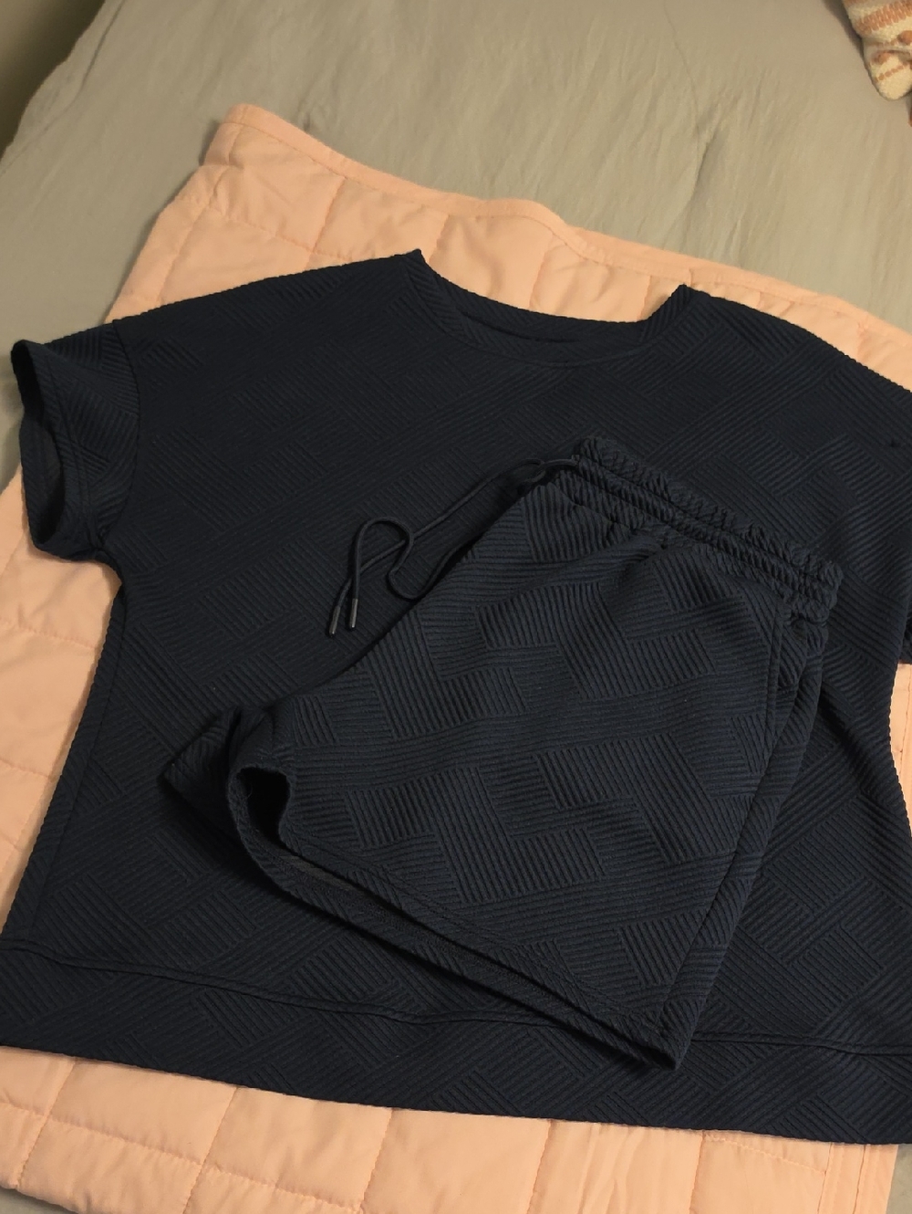 Textured Navy Lounge Set - Short Sleeve Top & Drawstring Shorts